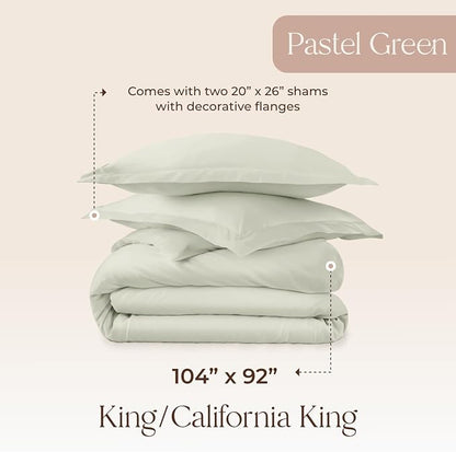 100% Organic Cotton Duvet Cover King Size - Naturally Soft Lightweight & Cooling Duvet Cover Set with Decorative Shams - Premium GOTS Certified 300 Thread Count Sateen Weave (Pastel Green, King)