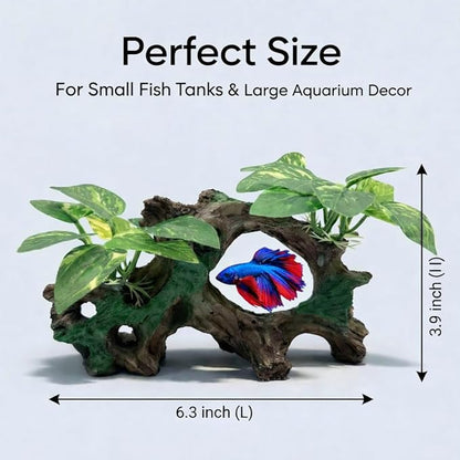 Aquarium Decor Cave with Silk Plants Fish Tank Decorations Ornament Small Aquarium Plants for Betta Goldfish Bowl Artificial Driftwood