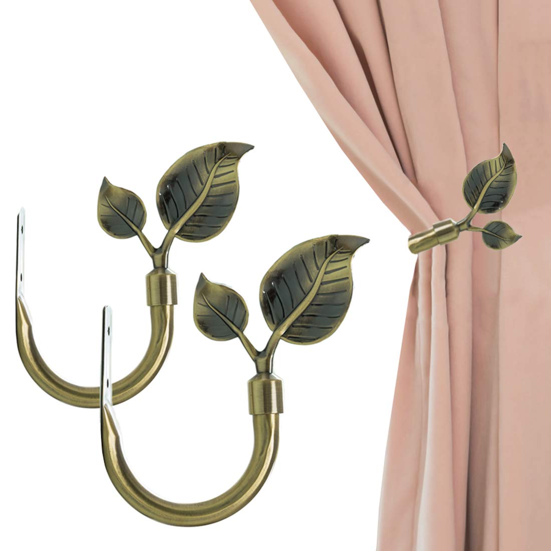 HIKMLK Leaf Shaped Curtain Tieback Holdbacks 2pcs, Handmade Metal Curtain Side Holders for Wall, Curtain Hook Pull Backs for Drapes Window Decoration