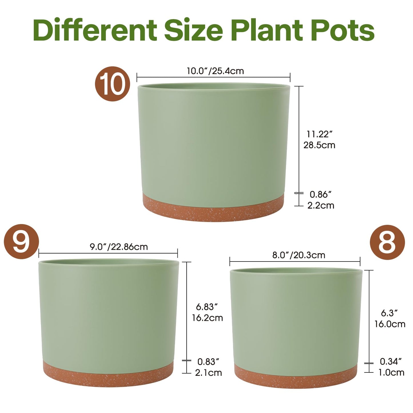 GARDIFE 10/9/8 Inch Modern Cylinder Planter, Plant Pots for Indoor Outdoor Plants, Flower Pots with Drainage Holes and Saucers for Garden Succulent Nursery House Plants (Green-Brown)