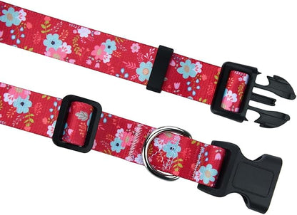 Mihqy Dog Collar and Leash Set with Bohemia Floral Tribal Geometric Patterns - Soft Ethnic Style Collar Adjustable for Small Medium Large Dogs(Red Floral Set,L)