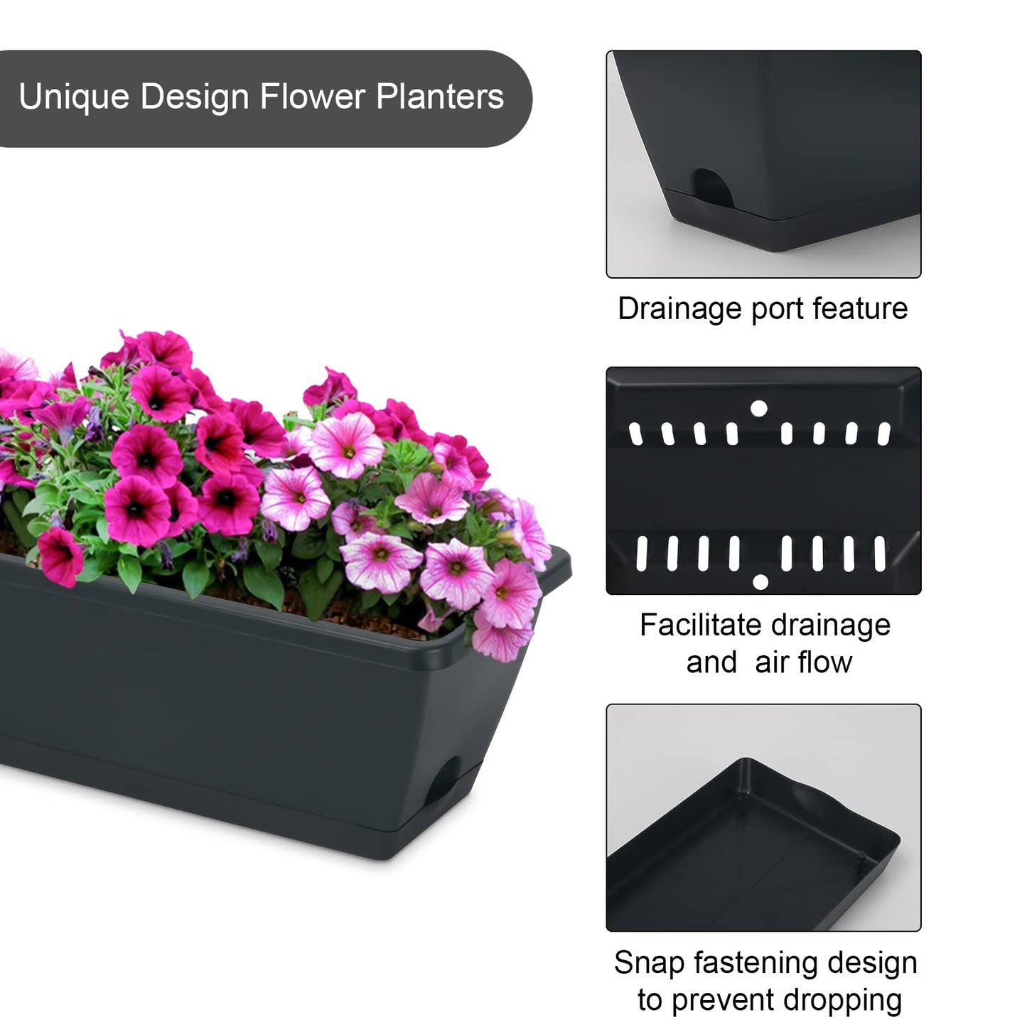HOXHA Window Box Planter, 6 Pack 17inch Plastic Vegetable Flower Planter Boxes with Tray, Indoor Outdoor Flower Pots for Windowsill, Patio, Porch, Garden Balcony, Dark Gray