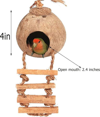 Tfwadmx Coconut Hide with Ladder, Natural Fiber Hanging Birdhouse Cage, Bird Shell Breeding Nest for Parrot, Parakeet, Lovebird, Finch, Canary (2 Pcs)
