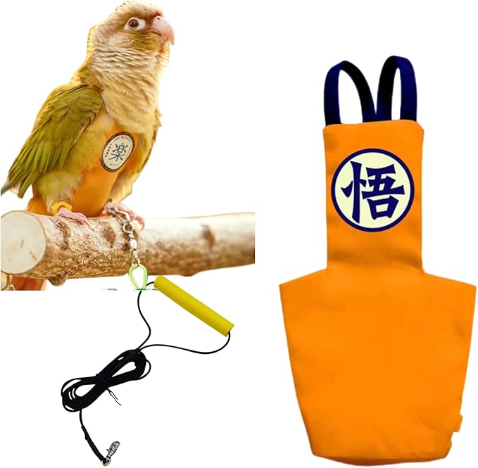 MANON ROSA Bird Diapers Leash Set Washable Reusable Handmade Flight Suit Waterproof Inner Layer - Protective Parrot Nappy Clothes Parakeets Macaws Budgies Canaries (Orange1,Blue Quaker Parrot)