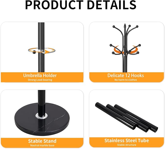 ZOZOE Metal Coat Rack Stand, Modern Coat Rack Freestanding with Natural Marble Base, Sturdy Coat Racks with 12 Hooks & Umbrella Holder,Black Coat Tree Hanger Stand for Bags,Hats,Entryway,Office
