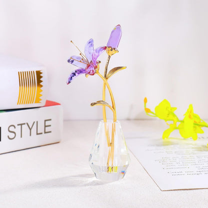 Purple Crystal Lily Flower Figurine with Stems - Handmade Collectible Statue for Decoration Mothers Day Centerpiece Valentines Day Bridal Shower Gift