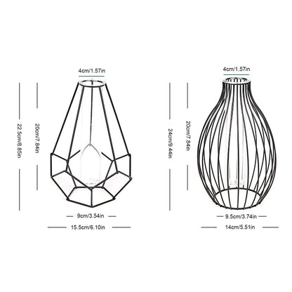 Metal Frame Vase Geometric Glass Flower Vase, Lantern Shape Glass Test Tube Vase, Modern Creative Clear Tube Glass Planter Terrariums with Geometric Metal Stand for Decor Office Home (Black B)