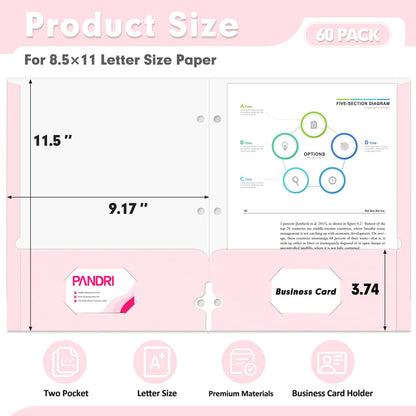 Two Pocket Portfolio Folders, PANDRI 60 Pack 3 Hole Punched 2 Pocket Folders for 3 Ring Binder, Letter Size Paper File Folder for School Office Home Business, Pink