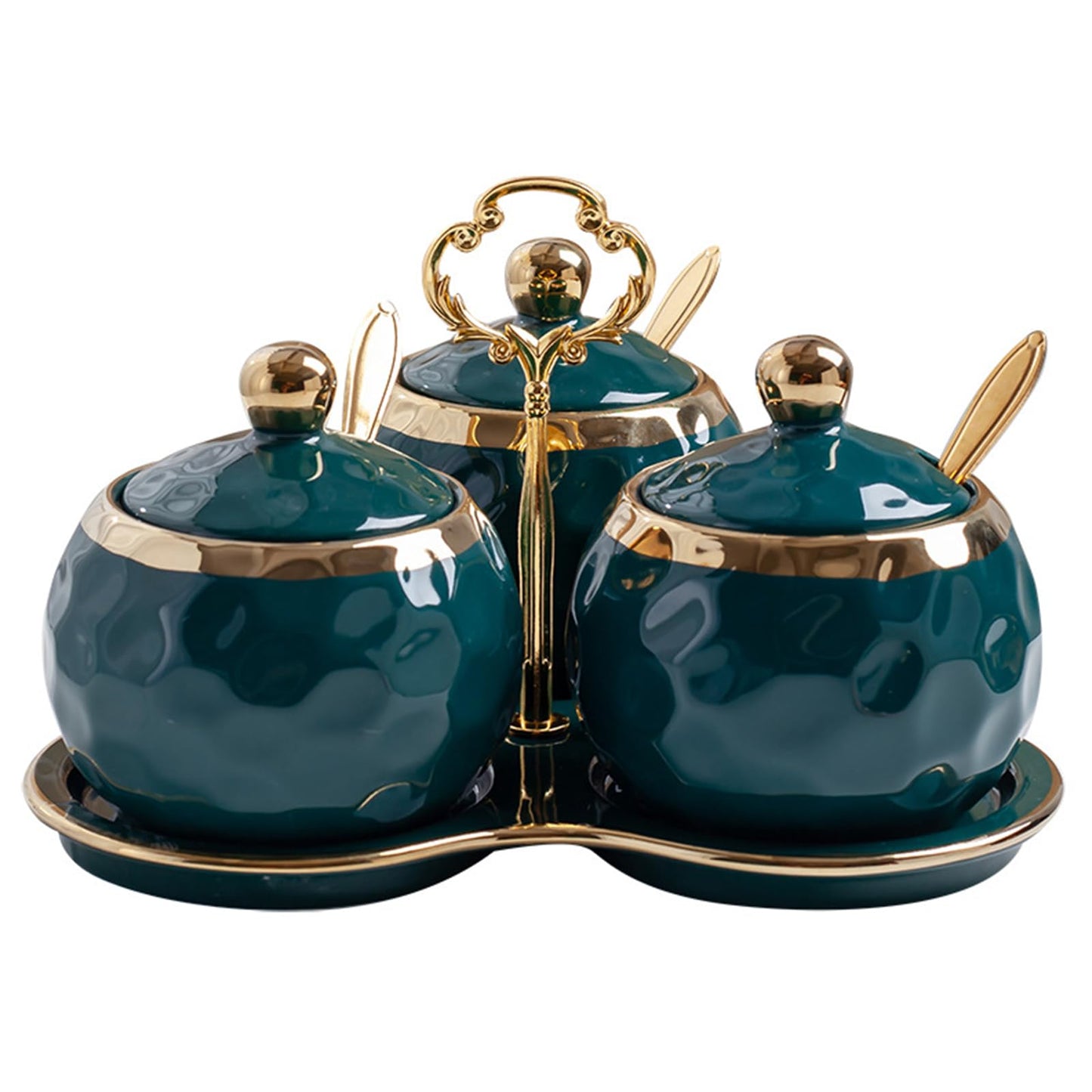 YMYL Set of 3 Porcelain Condiment Pot Sugar Bowl with Lid, Spoon and Tray, Modern Ceramic Seasoning Jars Salt Container for Home Kitchen, Restaurant, Coffee Bar (Green)