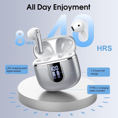 Wireless Earbuds, Bluetooth 5.4 Headphones with 3D Bass Stereo, Bluetooth Earbuds with 4 ENC Noise Cancelling Mic, 40H Ultralight In-Ear Buds USB-C, IP7 Waterproof Earphones for Android iOS, Silver