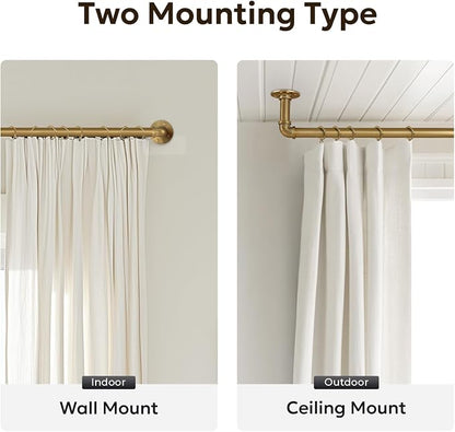 Zeerobee Curtain Rods for Windows 66 to 120, 1 Inch Industrial Wrap Around Warm Gold Curtain Rod, Indoor/Outdoor Room Divider Adjustable Drapery Pole, 66"-120"