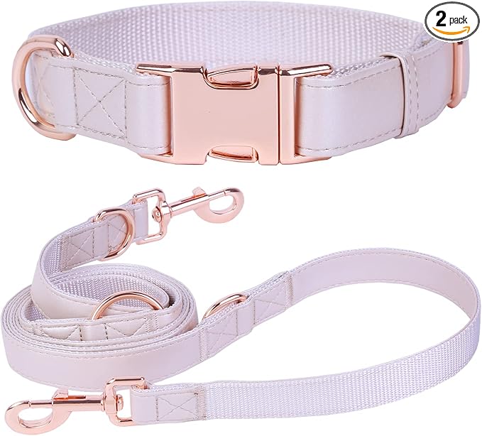 Soft Leather Dog Collar and Leash (6.6') Set - Stylish Rose Gold Heavy Duty Metal Buckle, 4 Adjustable Lengths Leash for Small Medium Large Dogs - Comfortable & Easy to Clean L(15.4"-24.8"), Gold Pink