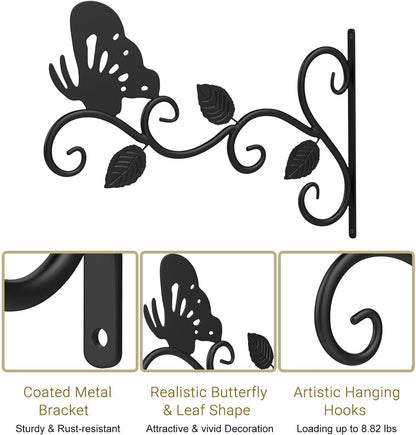 2Pack Hanging Plants Bracket Outdoor,12 Inch Plant Hooks for Hanging Baskets Wall-Mounted Gardening Bracket Hook for Bird Feeders,Flower Baskets,Lantern,(Butterfly)