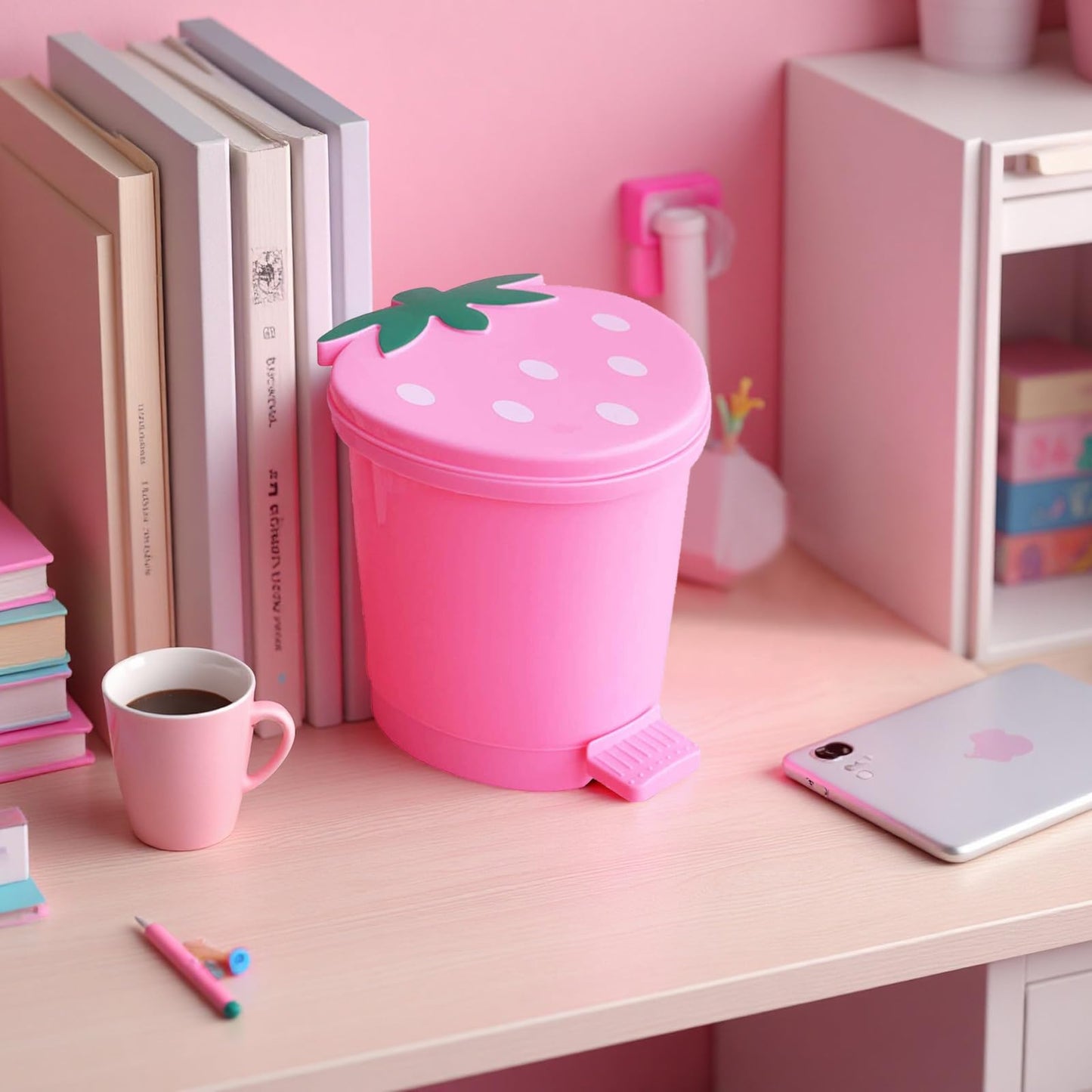 BxuxJar Strawberry Trash Can, 1 Gallon Small Pink Trash Cans with 0.3 Gallon Mini Garbage Can, Cutecore Room Decor Kawaii Cute Trash Can for Bedroom with 2 Rolls Garbage Bag and 3D Cartoon Stickers