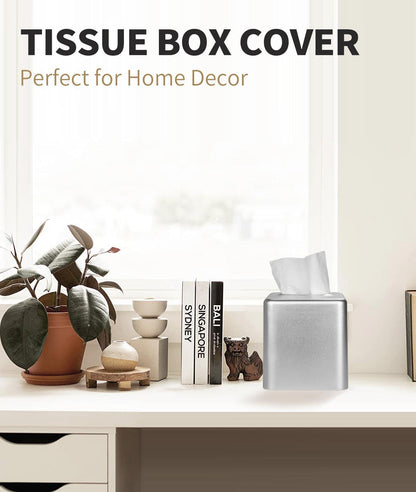 Livelab Tissue Box Cover, Square Metal Tissue Box Holder Modern Decor Facial Napkin Holder Tissue Box Dispenser for Bathroom Vanity Countertop, Living Room, Bedroom, Office - Silver