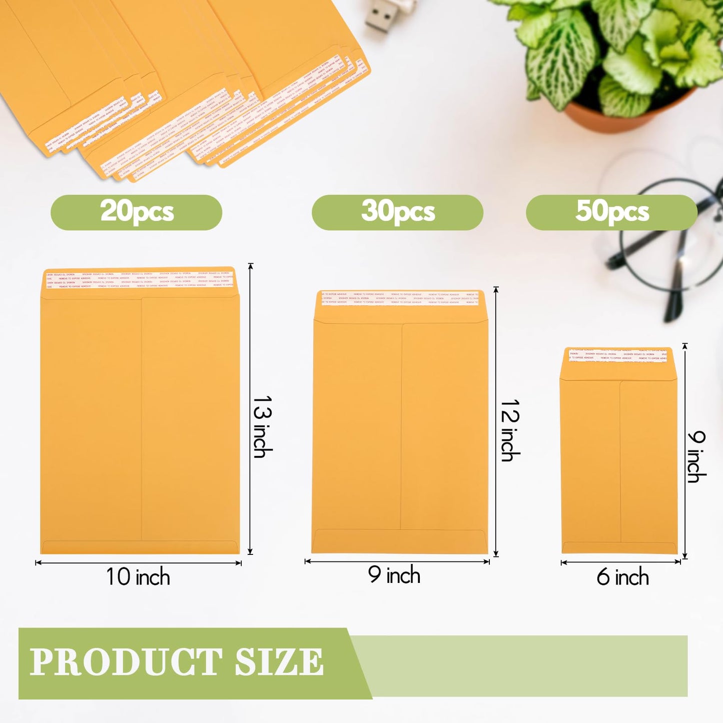 Chivertion 100 Pcs 3 Sizes Catalog Mailing Envelopes, Peel and Seal, Anti Tear Kraft Paper Printable Catalog Envelope for Filing, Storing or Mailing Documents, 6 x 9 In, 9 x 12 In, 10 x 13 In (Yellow)