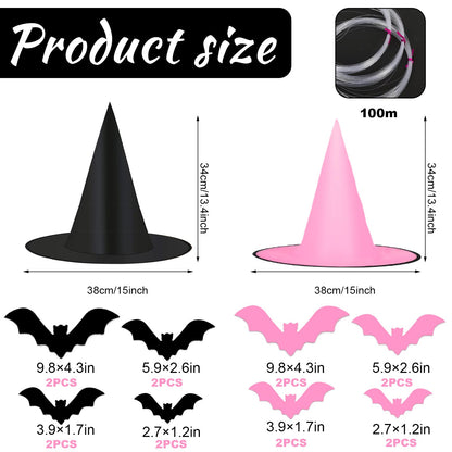 JarThenaAMCS 12Pcs Halloween Witch Hats with 16Pcs 3D Bat Stickers 109 Yard Hanging Rope Pink Black Hanging Witch Caps for Home Party Decoration