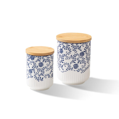 Cerkik Canisters Sets for the Kitchen - 2 Pcs 36/18 oz Ceramic Kitchen Containers for Countertop with Airtight Wood Lids - Flour and Sugar Containers for Coffee Tea Spice Beans Cookie Jars - Blue