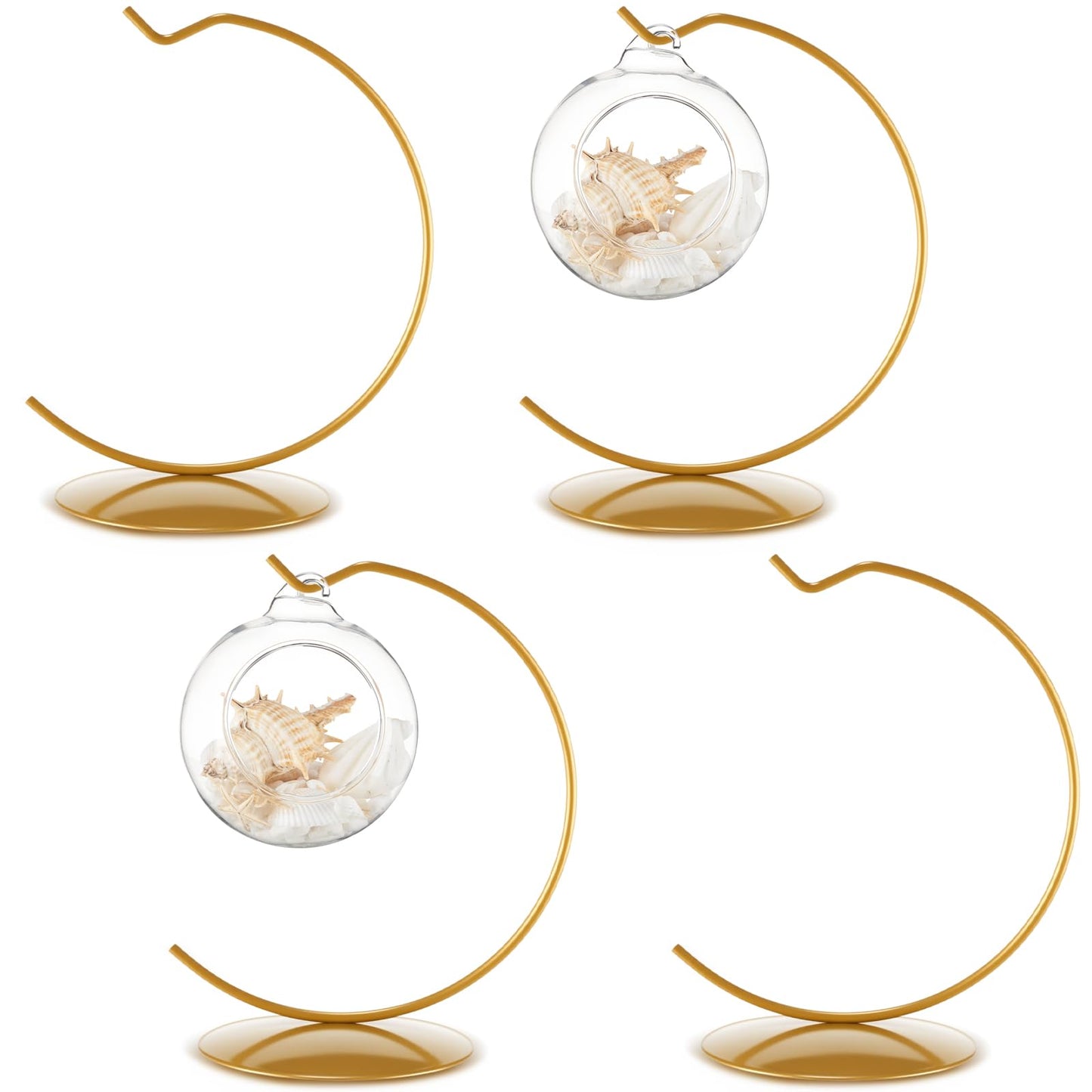 Otoolling 4 Pcs Ornament Display Stand Holder 6 Inch Tall Iron Round Christmas Air Plant Terrariums Holder Hook Crystal Witch Ball Hanging Stand for Glass Ball Christmas Wedding Home Decor (Gold)