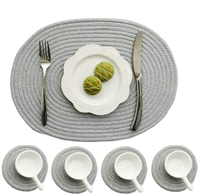 WENFOME 4 Pack Oval Woven Placemats, Gray Cotton Rope Braided Placemats with 4 Pack Round Fabric Coasters, Heat-Resistant Non-Slip Cotton Table Mats Charger Plates for Table Decoration (Gray)