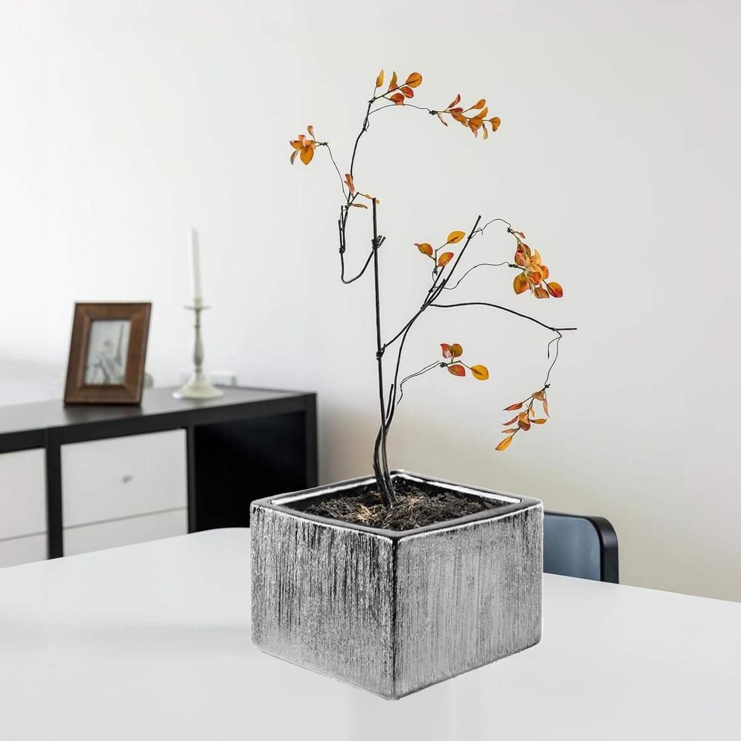 WGVI Silver Scratched Square Ceramic Vase, Width 6", Height 4", Elegant Morden Short Square Pan Floral Planter Terrarium Pot Container Tabletop for Event Accent Home Decor 1 Piece
