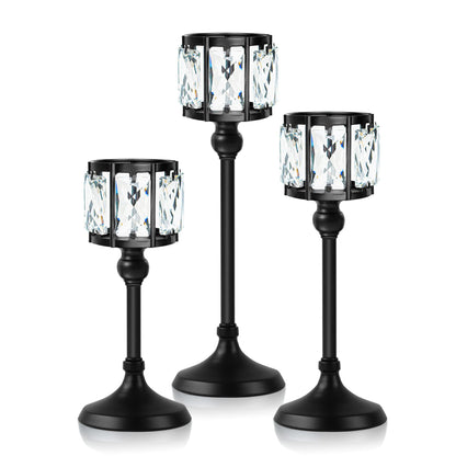 Set of 3 Cup Crystal Tealight Candle Holders, Centerpieces for Table Wedding Centerpieces Crystal Decorative Tealight Candle Dining Table Candle Holder Decor for Party (8.7"+10.6"+12.2", Black)