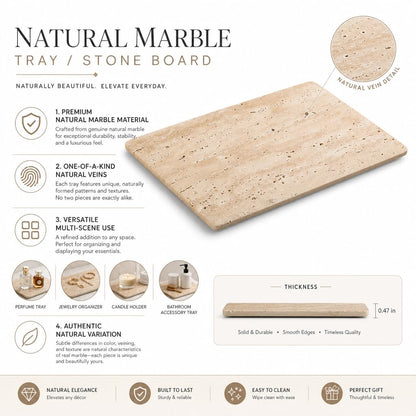 Natural Marble Board，Bathroom Trays Perfume Tray Jewelry Candle Plate (Travertine, 9.8 * 4.7 in)