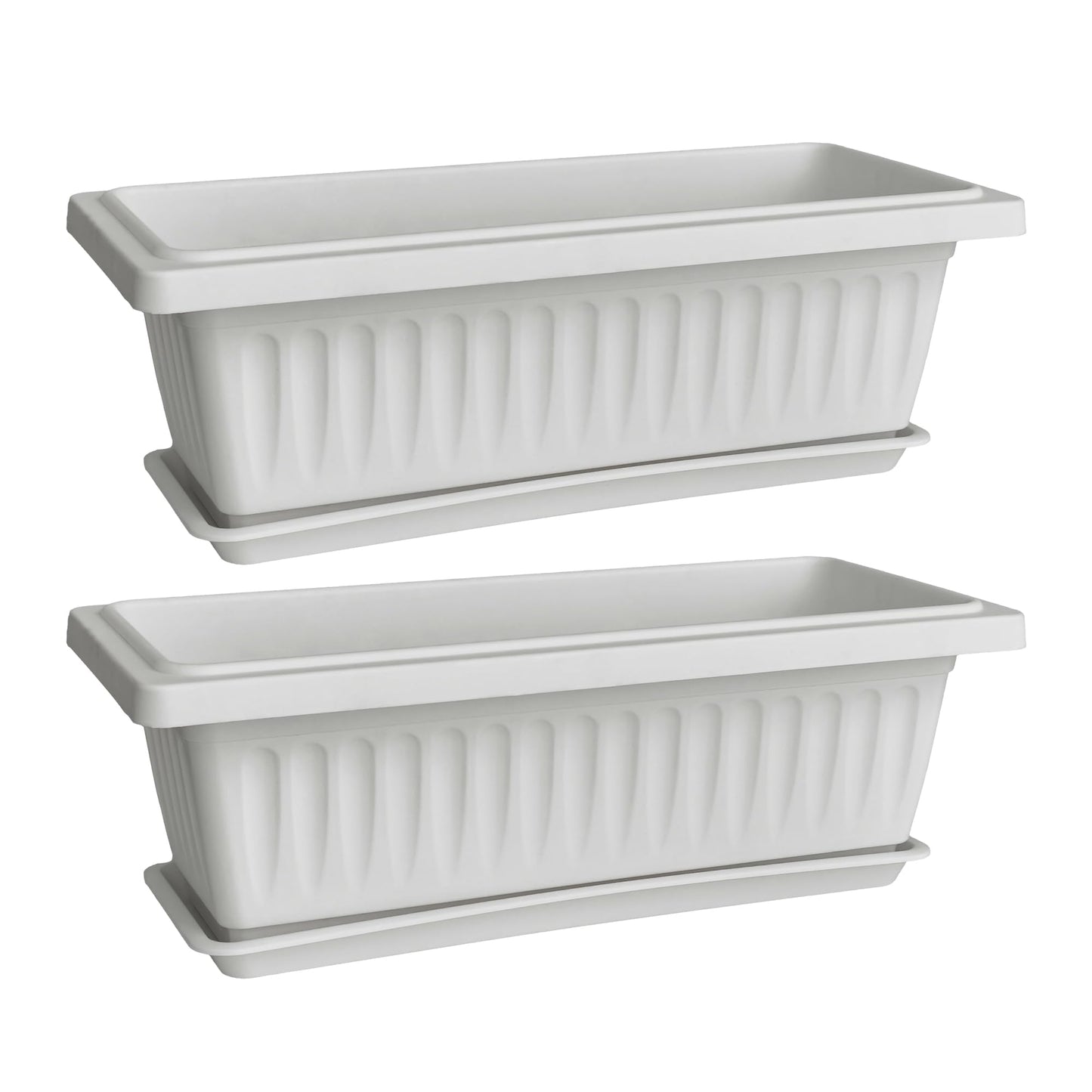 OUMUHE 19 Inch Rectangular Plastic Planters with Drainage and Matching Trays, Set of 2, Window Box Flower Pots for Indoor Outdoor Use (White)