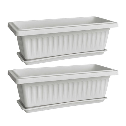 OUMUHE 19 Inch Rectangular Plastic Planters with Drainage and Matching Trays, Set of 2, Window Box Flower Pots for Indoor Outdoor Use (White)
