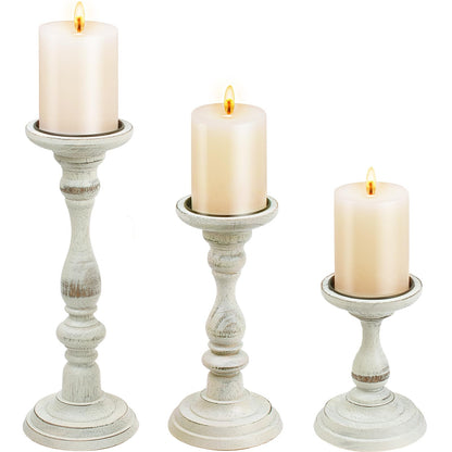 Rustic Distressed Wooden Candle Holder Set of 3 for Pillar Candles, Farmhouse Wood Candle Stands for Table Centerpieces & Living Room Home Decor (Rubber Wood(Distressed White))