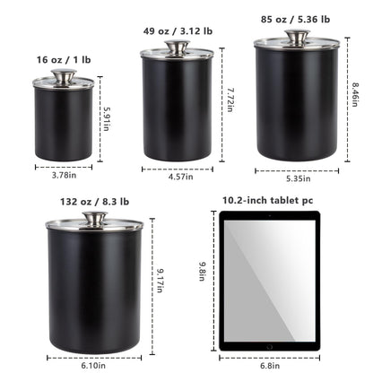 malmo Stainless Steel Food Canister Set of 4-Piece, 16/49/85/132 Ounces,Airtight Containers with Glass Lid for Tea,Coffee,Sugar,Flour,Pantry Kitchen Storage Storeroom Counter (Black)