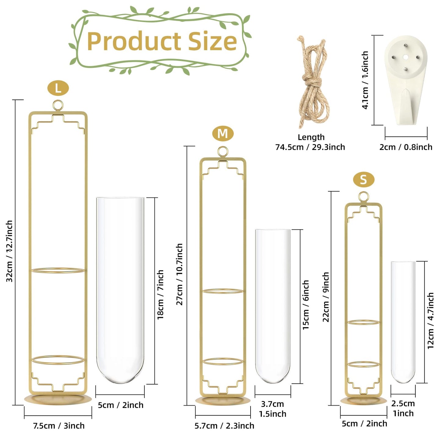 MIPON Metal Hanging Plant Propagation Station,3 Size Glass Test Tube Hydroponic Planter,Boho Wall Hanging Plant Cuttings Holder,Indoor Water Plant Terrarium Tubes for Home Office Window Decor-Gold