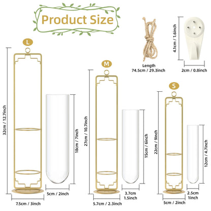 MIPON Metal Hanging Plant Propagation Station,3 Size Glass Test Tube Hydroponic Planter,Boho Wall Hanging Plant Cuttings Holder,Indoor Water Plant Terrarium Tubes for Home Office Window Decor-Gold