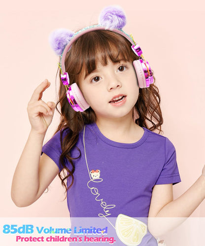 SVYHUOK Cat Ear Wireless Headphones for Kids with Mic, Bluetooth Over Ear Headset for School Cellphone Smartphones Laptop PC LED Light,Wired Headset for School Home (Violet Ball)