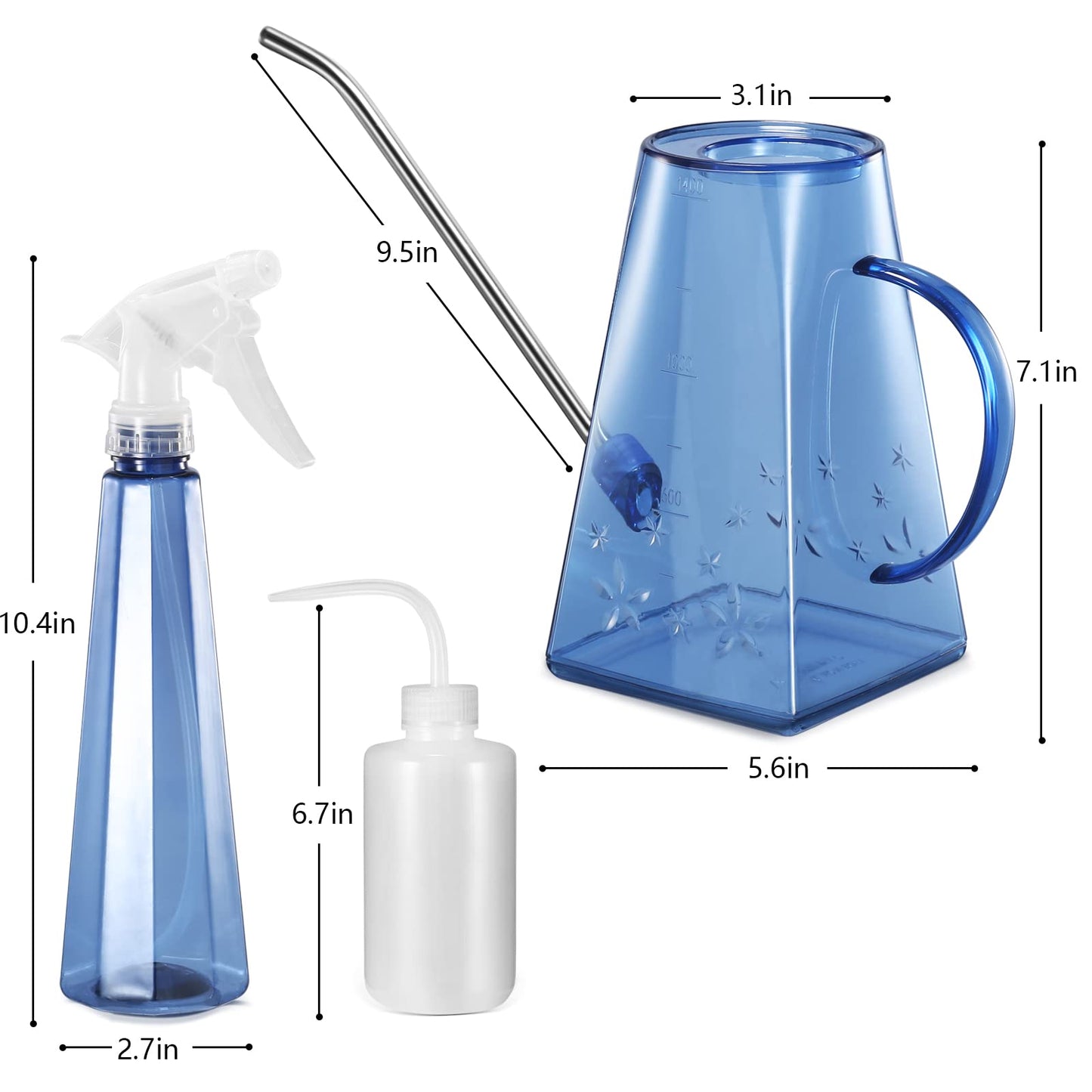 Goowin Watering Can Indoor Plants, 47 oz Long Spout House Plant Flower Watering Can, Creative Wide Opening Plastic Watering Can with 16 oz Spray Bottle & 8.5 oz Squeeze Bottle, Blue