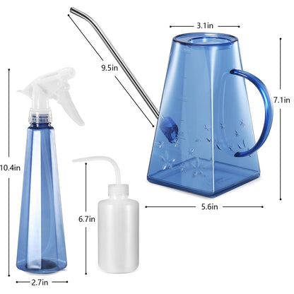 Goowin Watering Can Indoor Plants, 47 oz Long Spout House Plant Flower Watering Can, Creative Wide Opening Plastic Watering Can with 16 oz Spray Bottle & 8.5 oz Squeeze Bottle, Blue