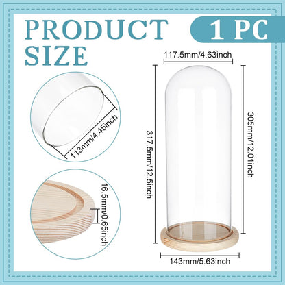 BENECREAT 4.6x12inch Eternal Transparent Flower Glass Cover, Glass Display Dome Cloche Jar with Blanched Almond Solid Wood Base for DIY Flower Craft