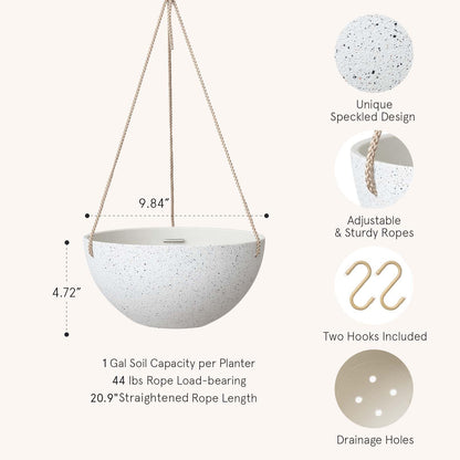 LA Jolie Muse Hanging Planters for Indoor Plants - Flower Pots Outdoor 9.84 inch Garden Planters and Pots,Speckled White Set of 2