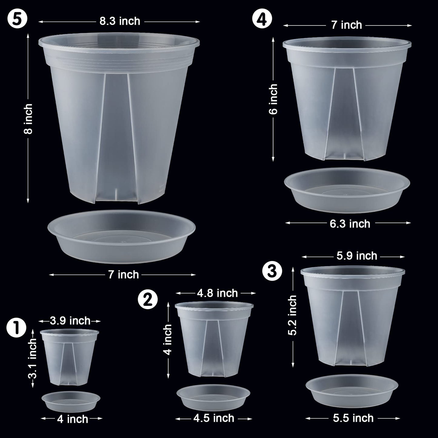 GREENPARA Transparent Plastic Garden Pots Planter with Saucer 4/5 /6/7 /8 inch Plant Pot Nursery Pots Drainage Hole for House Plants, Herb, Flowers, and Cactus with 10pcs Plant Labels, 5-Set