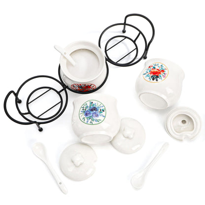 ELFULLY 3 Pcs Ceramic Condiment Jars, 7 Oz Small Sugar Bowls with Lids Spoons and Shelf, Round Spice Container Pot Set for Salt Pepper, Empty Seasoning Box for Kitchen Restaurant Home, White