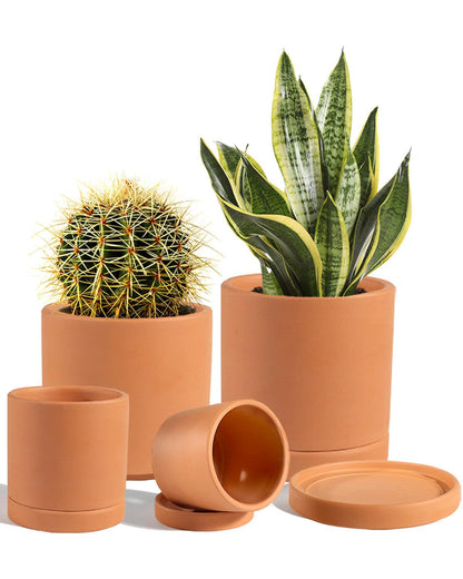 vensovo Terracotta Pots with Drainage and Saucers - 3.5/4.2/5.2/6.0 Inch Clay Planters Set of 4, Round Cylinder Flower Pots for Succulents, Herbs, Indoor Outdoor Plants