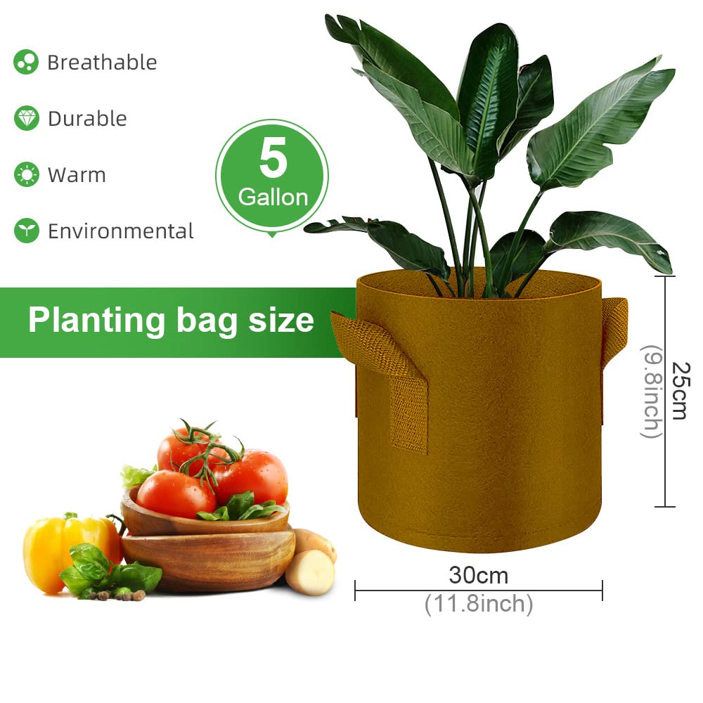 FineGearPow 5-Pack 5 Gallon Grow Bags Heavy Duty Thickened Nonwoven Fabric Pots with Handles, Plant Grow Bags for Vegetables/Flower/Plant/Fruits, Brown
