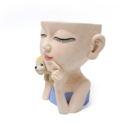 KOCNYDEY Face Flower Pot Cute Girl and Dog Planter Resin Lady face Head Planter Pot Closed Eyes Planter Pot with Drainage Hole Succulent Planter Pot for Plants Flower Cactus Garden Indoor Outdoor