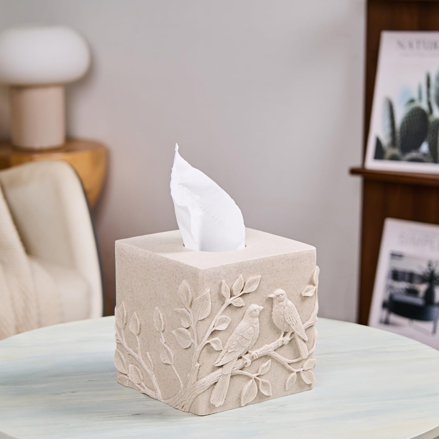 Beige Sandstone Relief Birds Square Tissue Box Cover Decorative,Resin Heavy Sturdy Tissue Box Holder, Facial Paper Holder for Bathroom Vanity Countertop, Bedroom Night Stand,Office and End Table
