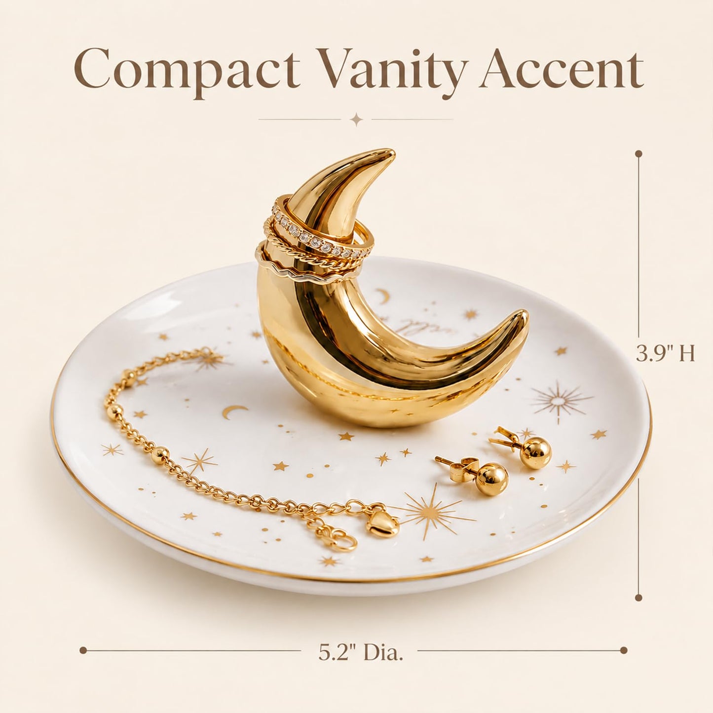 ChezMax Ceramic Moon Jewelry Tray Rings Dish Necklaces Earrings Holder Display Organizer Bracelets Plate Decoration
