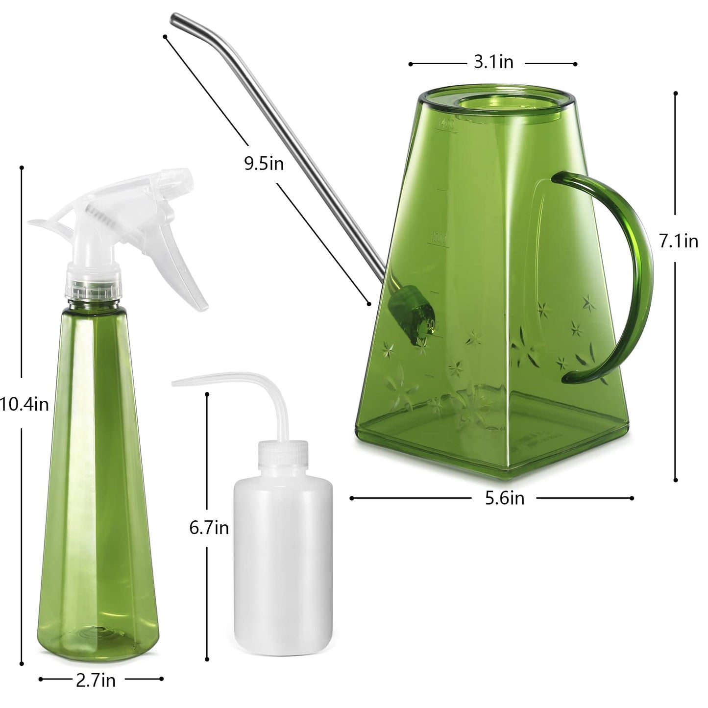 Goowin Watering Can Indoor Plants, 47 oz Long Spout House Plant Flower Watering Can, Creative Wide Opening Plastic Watering Can with 16 oz Spray Bottle & 8.5 oz Squeeze Bottle, Green