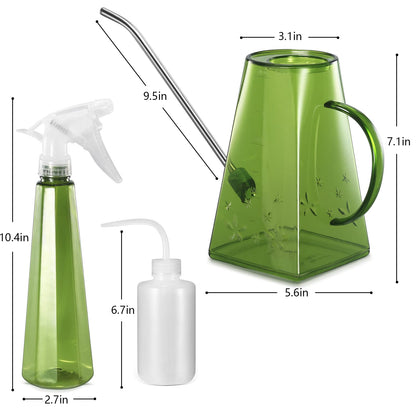 Goowin Watering Can Indoor Plants, 47 oz Long Spout House Plant Flower Watering Can, Creative Wide Opening Plastic Watering Can with 16 oz Spray Bottle & 8.5 oz Squeeze Bottle, Green