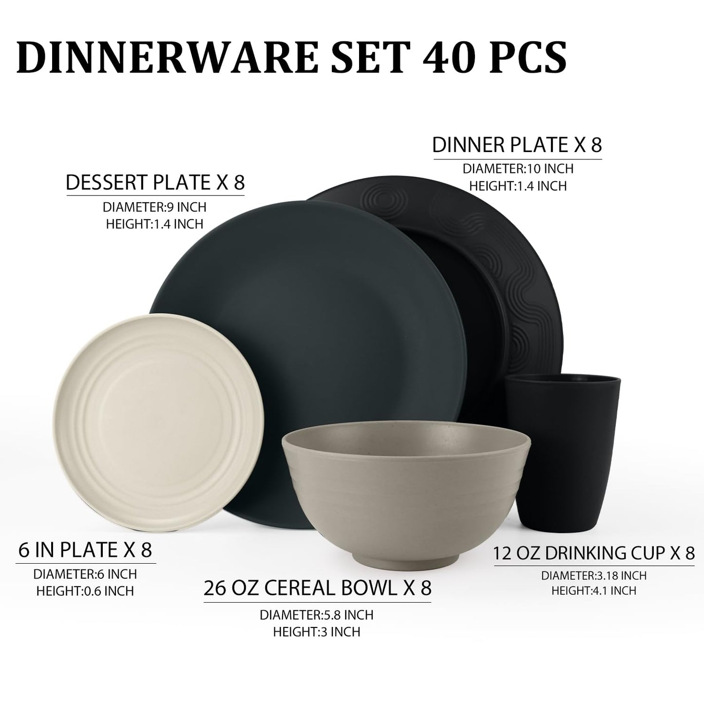 Wheat Straw Dinnerware Set 40-Piece Service for 8 Unbreakable Dishes Set Plates and Bowls Sets Drinking Glasses Microwave Safe Dish Set Lightweight Dinnerware Set for Home & Kitchen - Yellow