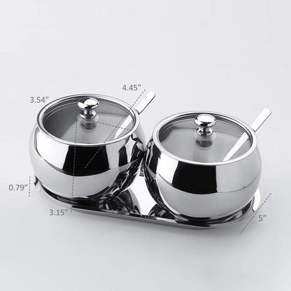KEMIYIXIAN 2 Stainless Steel Sugar Bowl with Lid Spoon and Tray, Polished Shiny Condiment Pots for Serving Sugar Pepper Salt Spice- 330ml/ 11.6 Oz
