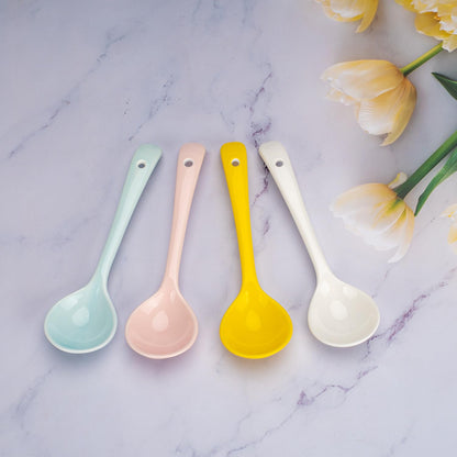 Ceramic Spoons Set of 8, Ceramic Chinese Soup Spoon, Asian Soup Spoons, White/Blue/Yellow/Pink Japanese Spoon Large for Ramen Pho Wonton Dumpling Miso, Deep Oval Hook Design (8, 4-Color)